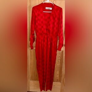Liz Claiborne 4 Jumpsuit 100% Silk Red 80s Vintage Checkerboard Jacquard Tapered